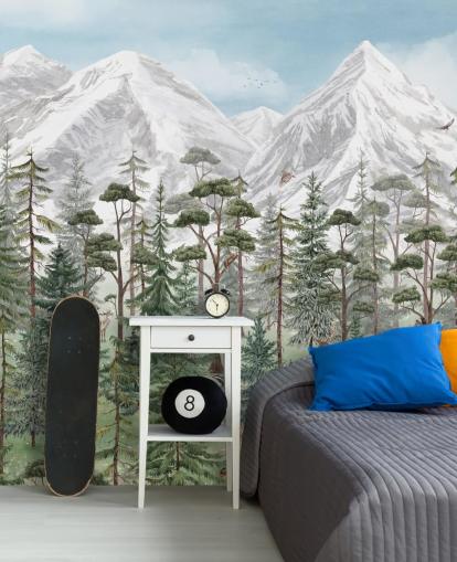 aanpasbare muurschildering voor kinderen genaamd Mountain Forest van Kikki Belle voor slaapkamers