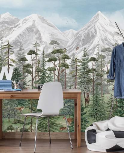 mural de pared infantil personalizable llamado Mountain Forest de Kikki Belle para dormitorios
