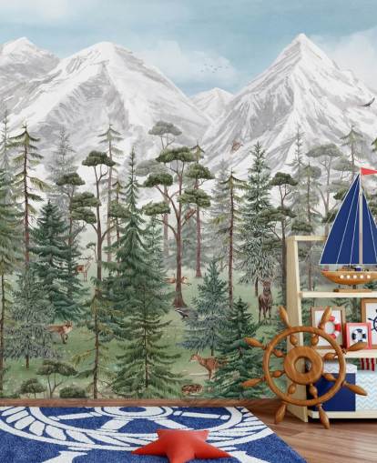 räätälöitävä lasten seinämaalaus nimeltä Mountain Forest by Kikki Belle makuuhuoneisiin
