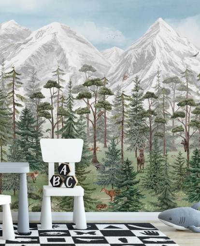 personalisierbares Wandbild für Kinder namens Mountain Forest von Kikki Belle für Schlafzimmer