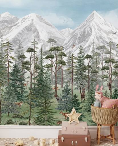 mural de pared infantil personalizable llamado Mountain Forest de Kikki Belle para dormitorios