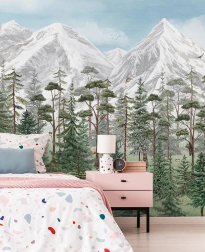 mural de pared infantil personalizable llamado Mountain Forest de Kikki Belle para dormitorios mural de pared infantil personalizable llamado Mountain Forest de Kikki Belle para dormitorios