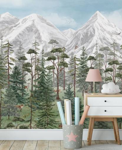 murale per bambini personalizzabile chiamato Mountain Forest di Kikki Belle per camere da letto murale per bambini personalizzabile chiamato Mountain Forest di Kikki Belle per camere da letto
