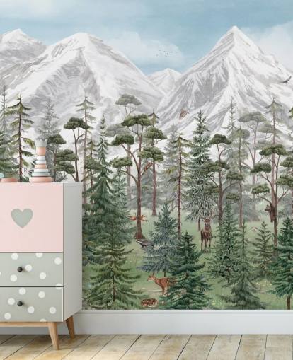 aanpasbare muurschildering voor kinderen genaamd Mountain Forest van Kikki Belle voor slaapkamers
