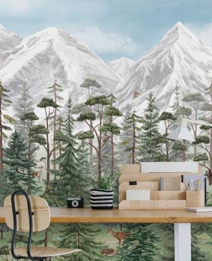 mural de pared infantil personalizable llamado Mountain Forest de Kikki Belle para dormitorios