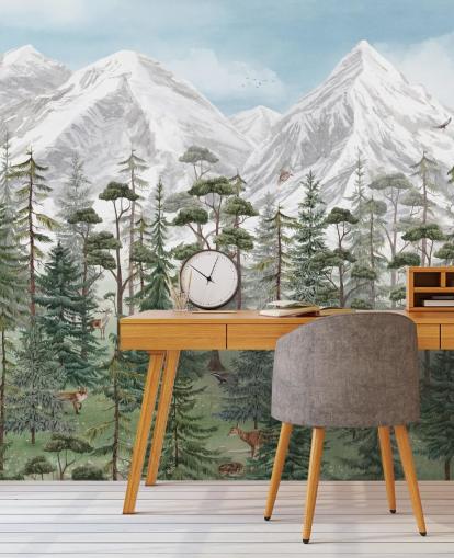 mural de pared infantil personalizable llamado Mountain Forest de Kikki Belle para dormitorios
