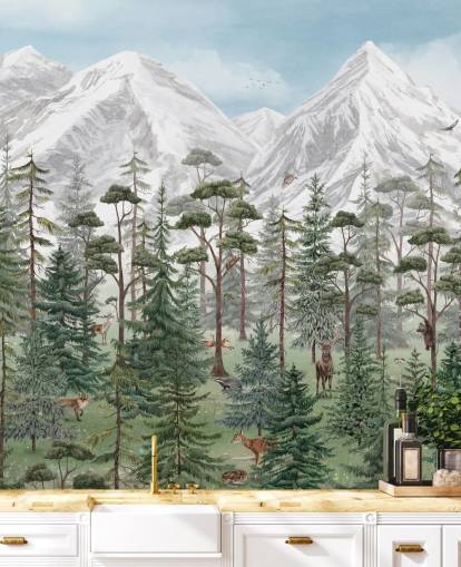 customizable children's wall mural called Mountain Forest by Kikki Belle for bedrooms