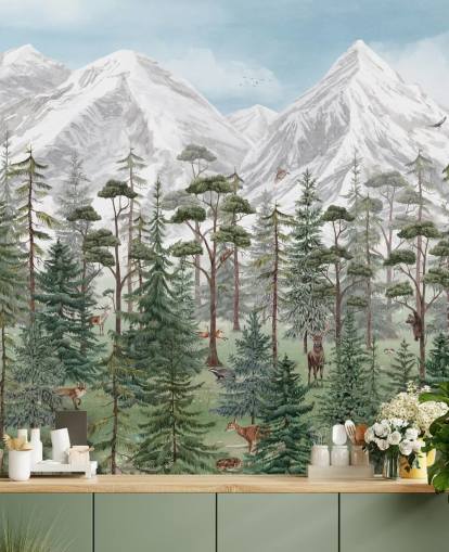customizable children's wall mural called Mountain Forest by Kikki Belle for bedrooms