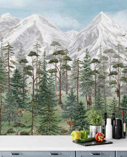 mural de pared infantil personalizable llamado Mountain Forest de Kikki Belle para dormitorios