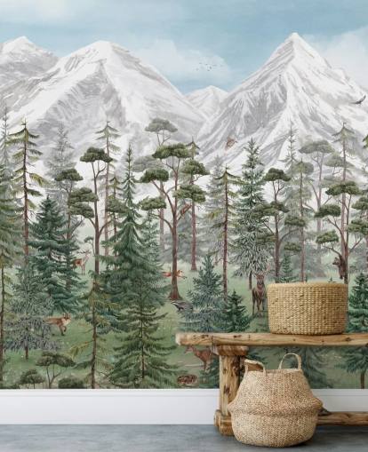 customisable children's wall mural called Mountain Forest by Kikki Belle for bedrooms