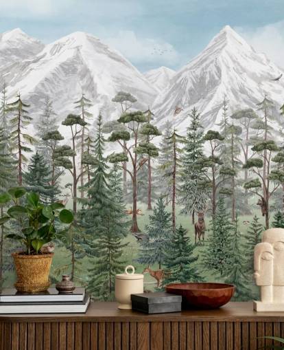 mural de pared infantil personalizable llamado Mountain Forest de Kikki Belle para dormitorios