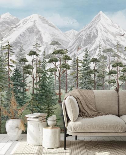 customizable children's wall mural called Mountain Forest by Kikki Belle for bedrooms