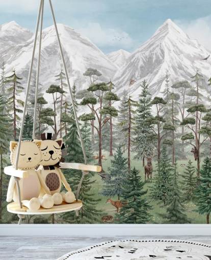aanpasbare muurschildering voor kinderen genaamd Mountain Forest van Kikki Belle voor slaapkamers