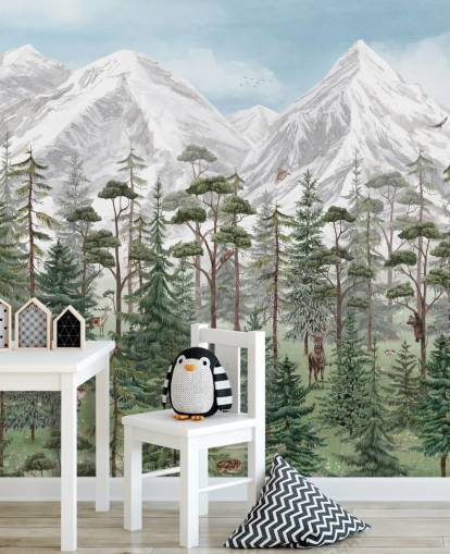 mural de parede infantil personalizável chamado Mountain Forest de Kikki Belle para quartos