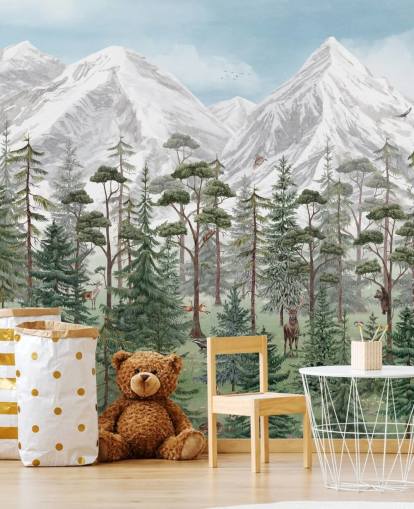 mural de parede infantil personalizável chamado Mountain Forest de Kikki Belle para quartos