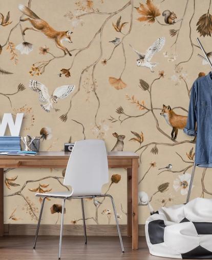 muokattava lasten metsätaustakuvamaalaus nimeltä Playful Forest - Beige by Kikki Belle