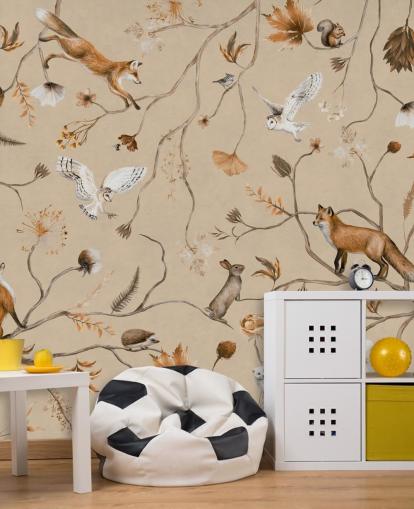 customisable kids forest wallpaper mural called Playful Forest - Beige by Kikki Belle