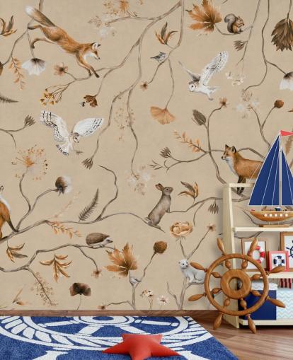 customisable kids forest wallpaper mural called Playful Forest - Beige by Kikki Belle customisable kids forest wallpaper mural called Playful Forest - Beige by Kikki Belle
