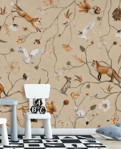 aanpasbare bosbehangmuurschildering voor kinderen genaamd Playful Forest - Beige van Kikki Belle aanpasbare bosbehangmuurschildering voor kinderen genaamd Playful Forest - Beige van Kikki Belle
