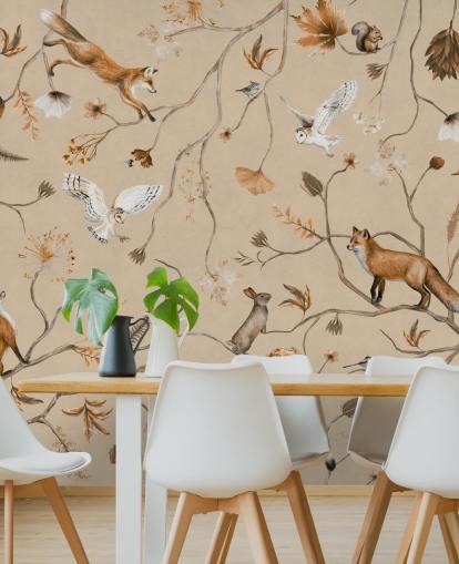 tilpasselig børneskovtapet vægmaleri kaldet Playful Forest - Beige af Kikki Belle
