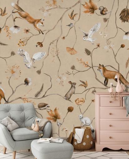 customisable kids forest wallpaper mural called Playful Forest - Beige by Kikki Belle