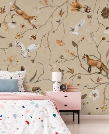 customisable kids forest wallpaper mural called Playful Forest - Beige by Kikki Belle