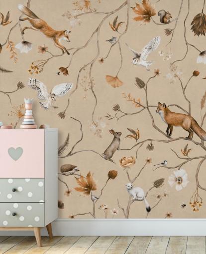 mural de papel pintado infantil personalizable llamado Playful Forest - Beige de Kikki Belle