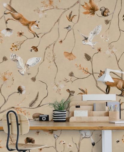 customizable kids forest wallpaper mural called Playful Forest - Beige by Kikki Belle customizable kids forest wallpaper mural called Playful Forest - Beige by Kikki Belle