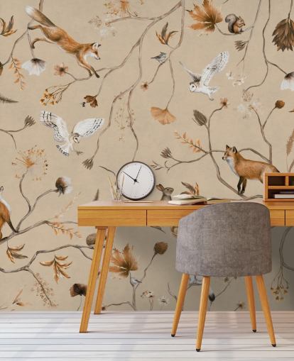 customizable kids forest wallpaper mural called Playful Forest - Beige by Kikki Belle