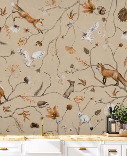 customizable kids forest wallpaper mural called Playful Forest - Beige by Kikki Belle