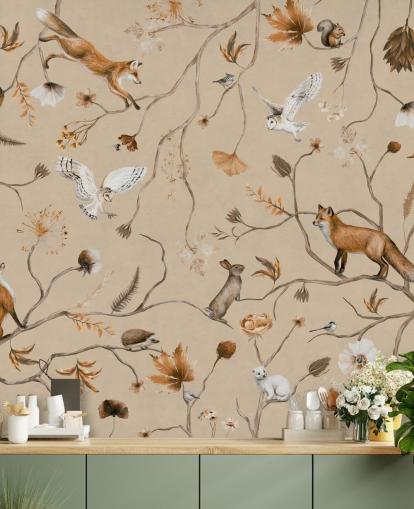 customizable kids forest wallpaper mural called Playful Forest - Beige by Kikki Belle customizable kids forest wallpaper mural called Playful Forest - Beige by Kikki Belle