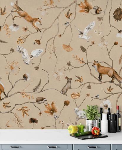 mural de papel pintado infantil personalizable llamado Playful Forest - Beige de Kikki Belle