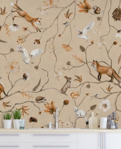 carta da parati murale personalizzabile per bambini chiamata Playful Forest - Beige by Kikki Belle