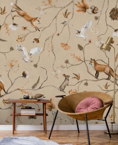 mural de papel pintado infantil personalizable llamado Playful Forest - Beige de Kikki Belle mural de papel pintado infantil personalizable llamado Playful Forest - Beige de Kikki Belle