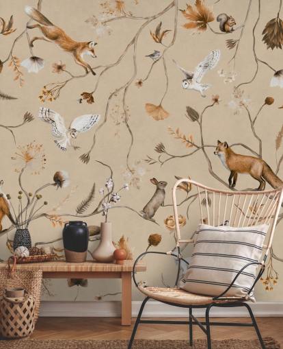 customizable kids forest wallpaper mural called Playful Forest - Beige by Kikki Belle customizable kids forest wallpaper mural called Playful Forest - Beige by Kikki Belle