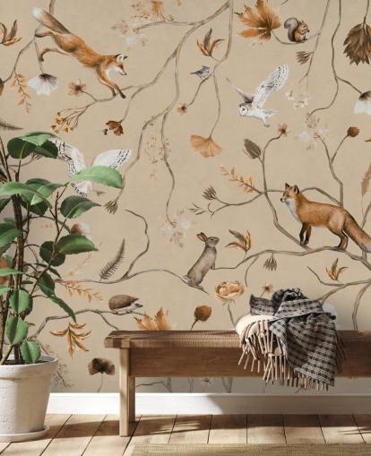 mural de papel pintado infantil personalizable llamado Playful Forest - Beige de Kikki Belle mural de papel pintado infantil personalizable llamado Playful Forest - Beige de Kikki Belle