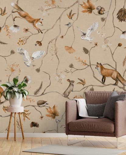 customizable kids forest wallpaper mural called Playful Forest - Beige by Kikki Belle