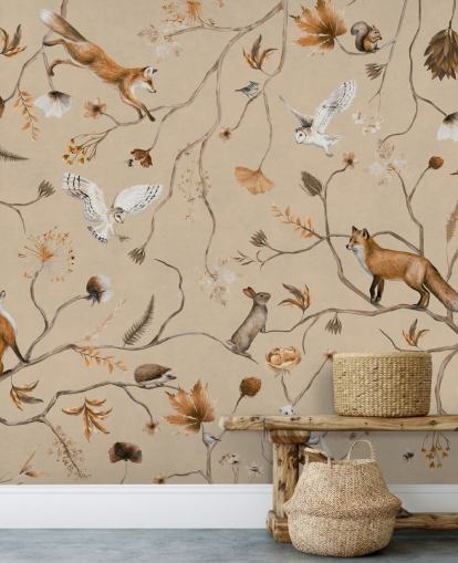 customizable kids forest wallpaper mural called Playful Forest - Beige by Kikki Belle