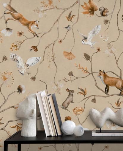 mural de papel pintado infantil personalizable llamado Playful Forest - Beige de Kikki Belle