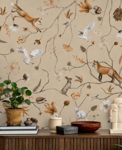 customizable kids forest wallpaper mural called Playful Forest - Beige by Kikki Belle