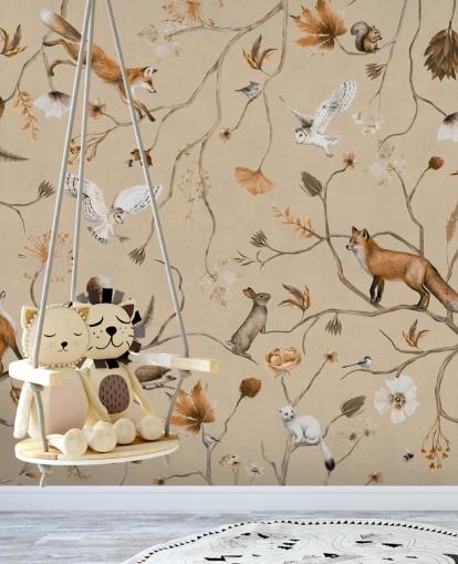 aanpasbare bosbehangmuurschildering voor kinderen genaamd Playful Forest - Beige van Kikki Belle
