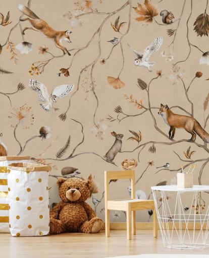 muokattava lasten metsätaustakuvamaalaus nimeltä Playful Forest - Beige by Kikki Belle