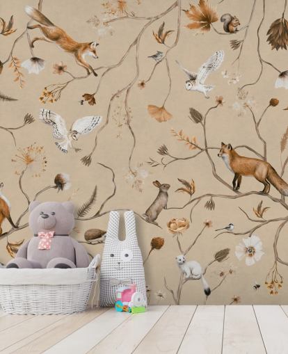anpassningsbar barnskog tapetväggmålning som heter Playful Forest - Beige av Kikki Belle anpassningsbar barnskog tapetväggmålning som heter Playful Forest - Beige av Kikki Belle