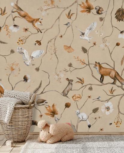 mural de papel de parede florestal infantil personalizável chamado Playful Forest - Beige de Kikki Belle mural de papel de parede florestal infantil personalizável chamado Playful Forest - Beige de Kikki Belle