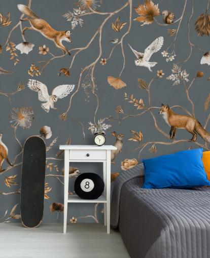 custom kids animal wall mural called Playful Forest - Blue by Kikki Belle for kids bedrooms