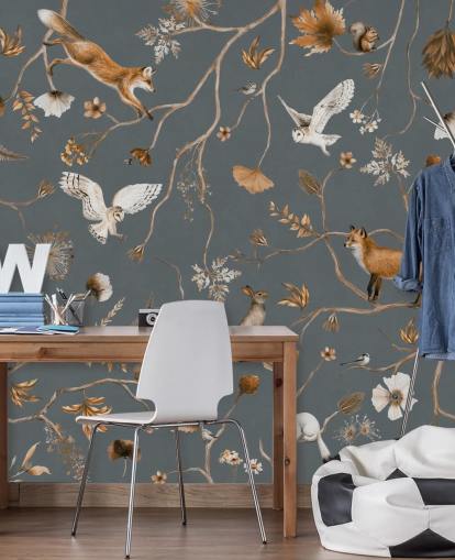 mural de pared personalizado de animales para niños llamado Playful Forest - Blue de Kikki Belle para dormitorios infantiles