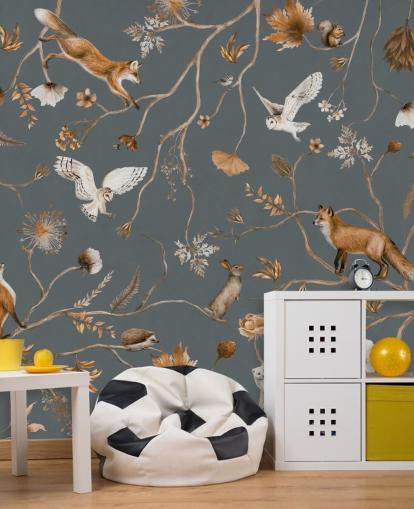 mural de pared personalizado de animales para niños llamado Playful Forest - Blue de Kikki Belle para dormitorios infantiles mural de pared personalizado de animales para niños llamado Playful Forest - Blue de Kikki Belle para dormitorios infantiles