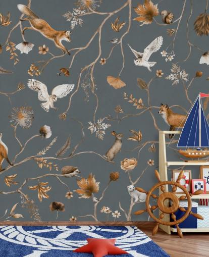 mural de pared personalizado de animales para niños llamado Playful Forest - Blue de Kikki Belle para dormitorios infantiles