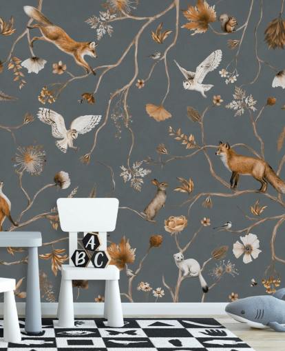 tilpasset barnedyreveggmaleri kalt Playful Forest - Blue av Kikki Belle for barnerom