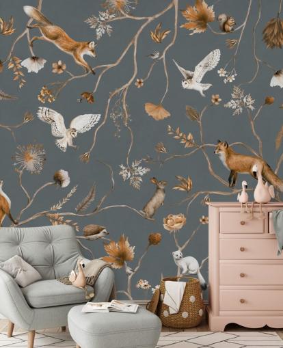 fresque murale personnalisée en forme d'animal pour enfants appelée Playful Forest - Blue par Kikki Belle pour les chambres d'enfants